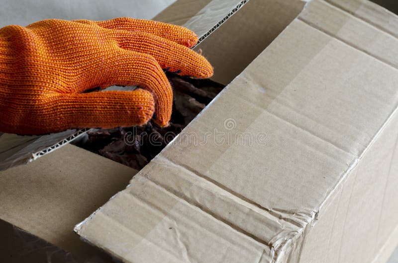A Worker Wearing Protective Gloves Opens a Cardboard Box Stock Image