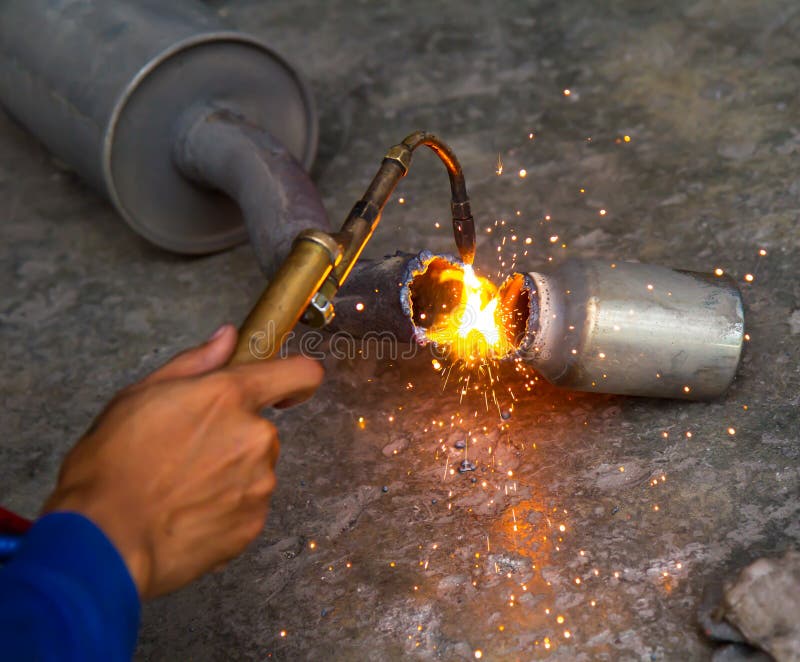 Worker Welding Metal Exhaust Pipe with Sparks Stock Photo Image of