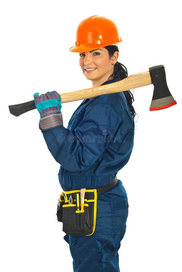 Worker woman holding axe stock photo. Image of enterprise 18796832