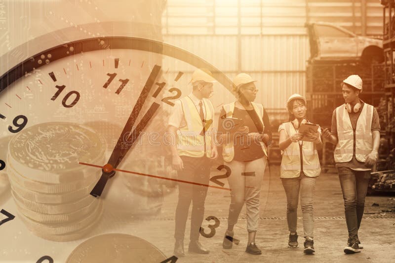 Worker working times, working hours of labor indutry factory time concept royalty free stock photos