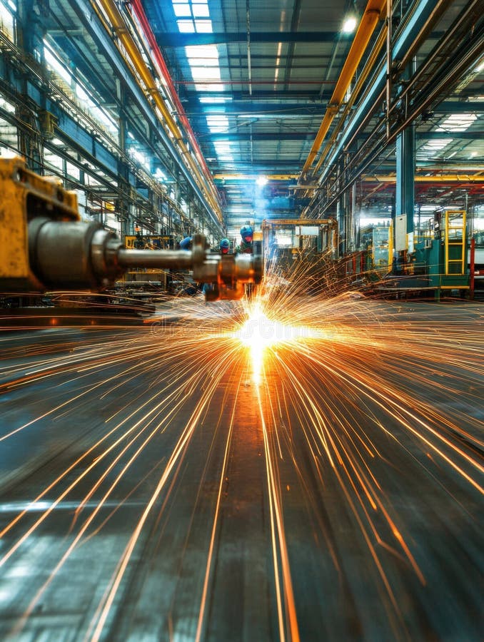 Workers actively welding in a large industrial workshop, creating sparks amidst machinery and equipment throughout the stock photo