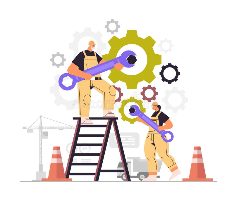 Workers couple rotating cogwheels teamwork process concept man woman in overalls repairing mechanism stock illustration