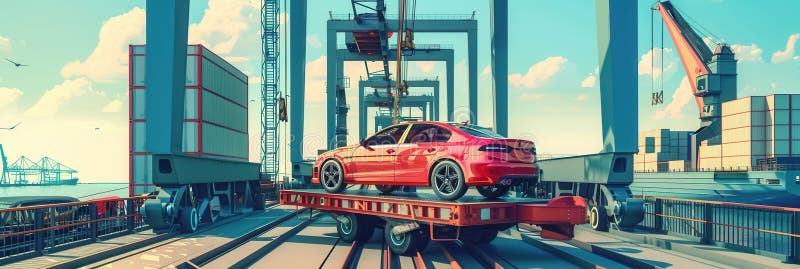 Expansive auto carrier terminal loading finished cars for transportation across sea routes and land networks Generative