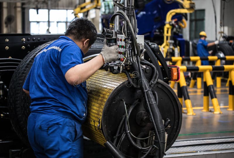 Workers in machinery factory in China. royalty free stock image