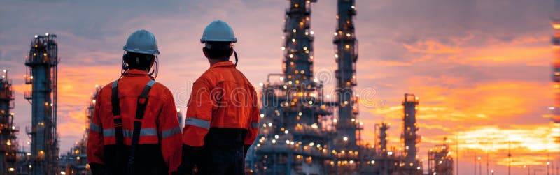 Workers Observe Sunset at Industrial Site With Refineries and Equipment in the Background in an Evening Setting