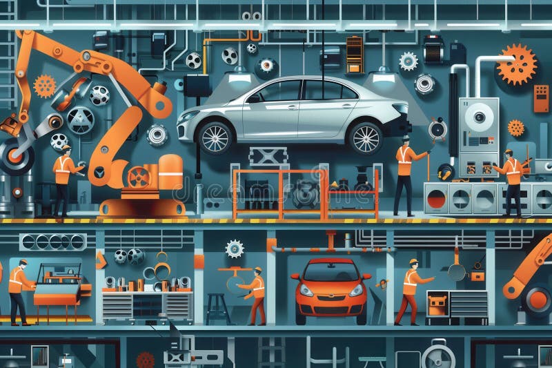 Workers operate machinery and robotic systems to assemble various car components in a busy production environment. AI generated