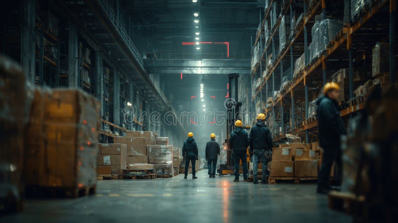 Workers organize crates in a dimly lit UK warehouse during late hours stock image