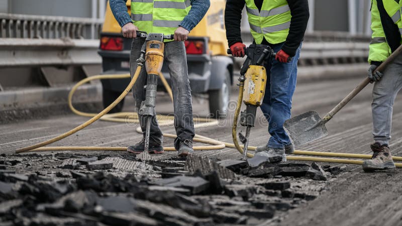 Workers on a road construction sites. They are removing the old asphalt layer using pick hammers
