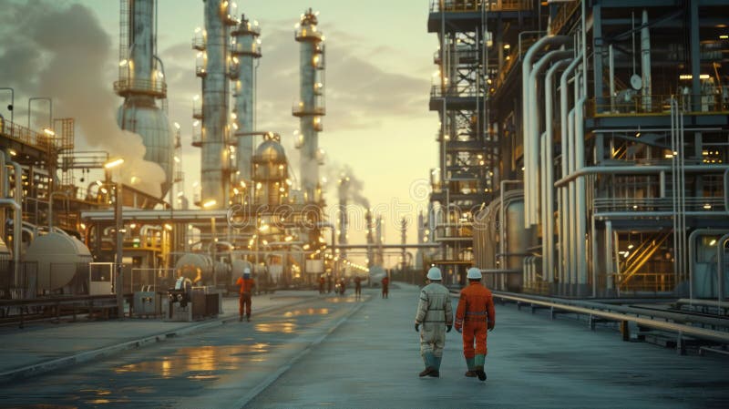 Petroleum Refinery Plant with Workers Walking on Wet Ground at Golden Hour royalty free illustration