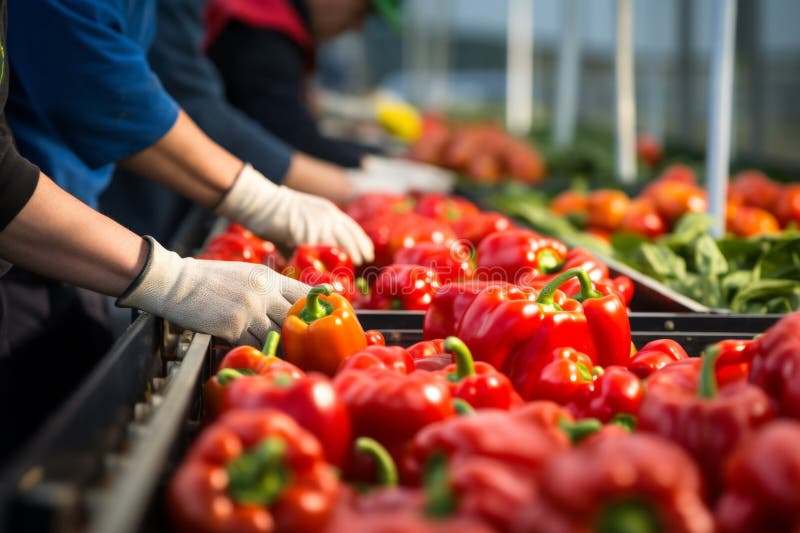 Workers Sorting Red Bell Peppers on a Conveyor Belt Stock Illustration