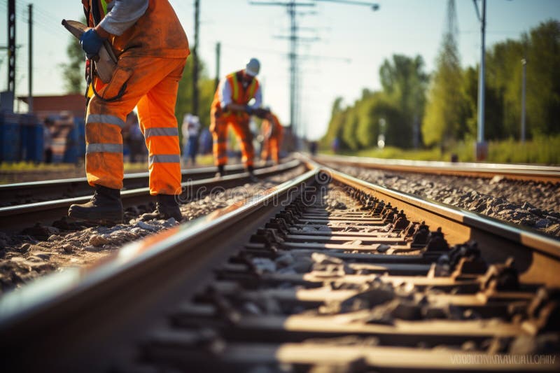 Workers in uniform tighten bolts. Installation of railway rails for trams and reconstruction of tram tracks. Generative AI vector illustration