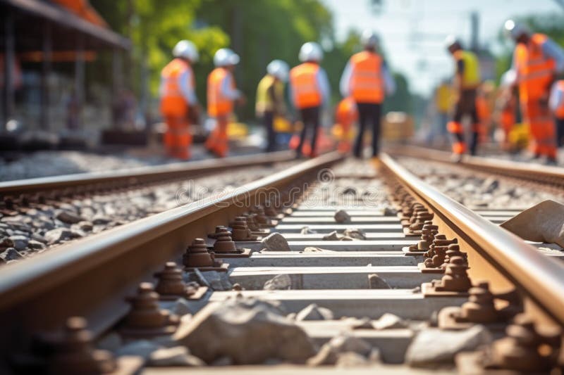 Workers in uniform tighten bolts. Installation of railway rails for trams and reconstruction of tram tracks. Generative AI vector illustration