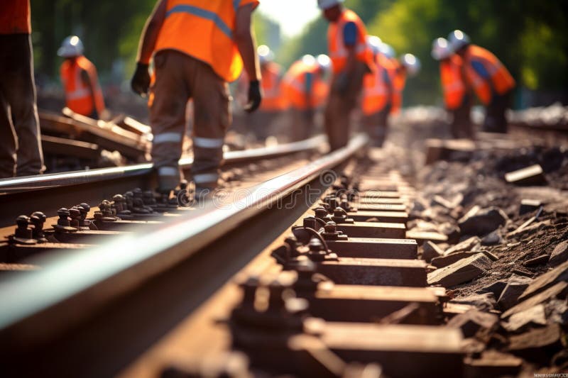 Workers in uniform tighten bolts. Installation of railway rails for trams and reconstruction of tram tracks. Generative AI royalty free illustration