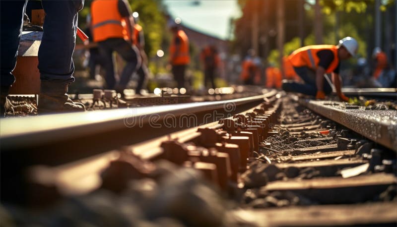 Workers in uniform tighten bolts. Installation of railway rails for trams and reconstruction of tram tracks. Generative AI royalty free illustration