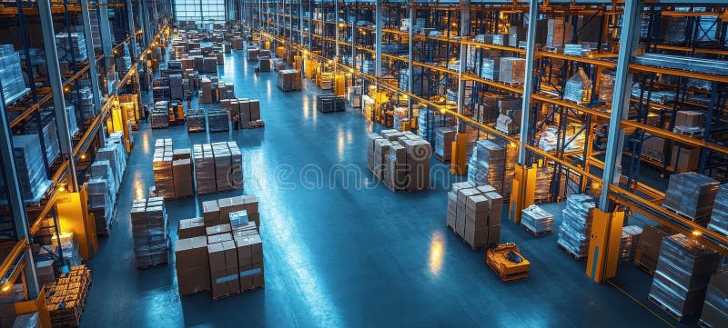 Workers in a warehouse organizing boxes and racking for efficient storage and logistics operations stock photography