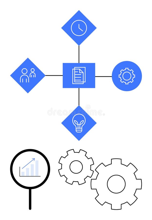 Workflow diagram with document at center surrounded by clock, gears, team, and lightbulb icons royalty free illustration