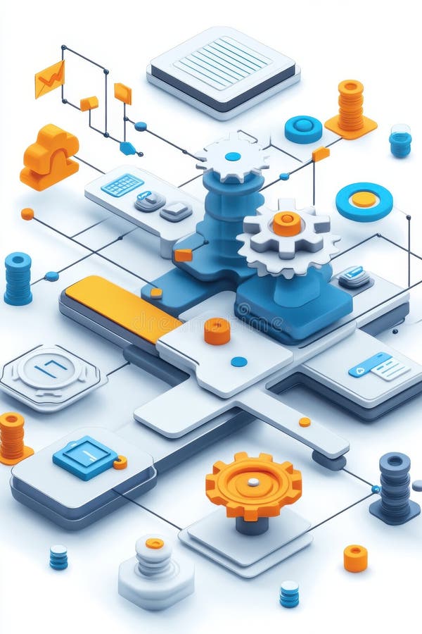 Workflow Efficiency, A 3D illustration depicting a workflow diagram designed for efficiency optimization and streamlined stock illustration
