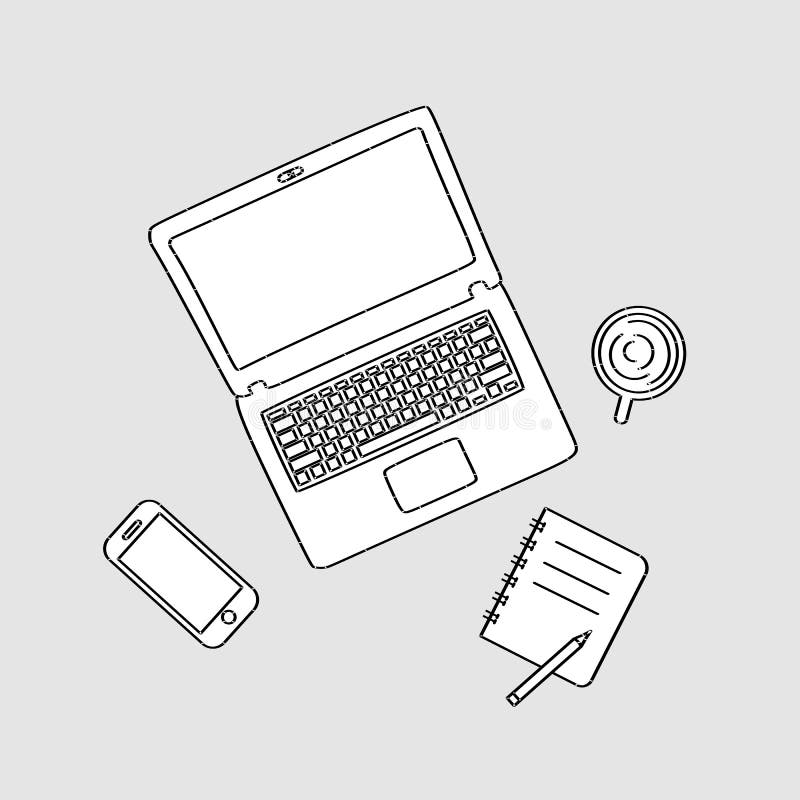 Working area conceptual hand drawn line art of notebook, note, smart phone, and coffee stock illustration