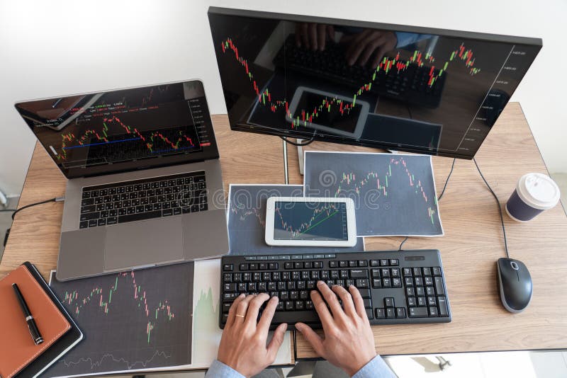 Working business man, team of broker or traders talking about forex on multiple computer screens of stock market invest trading