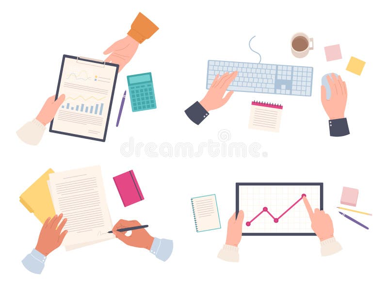 Working businessman hands, typing and discover charts royalty free illustration