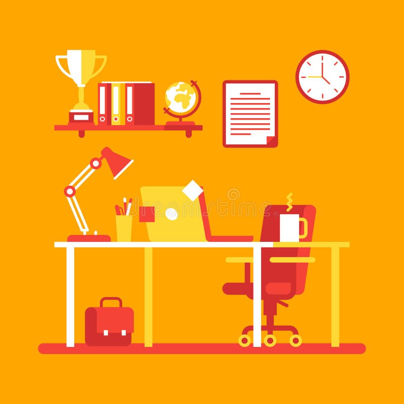 Working computer desk with various objects and laptop royalty free illustration