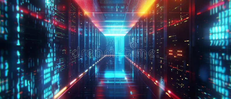In a working data center, a corridor is filled with rack servers and supercomputers, while scripts and numbers are projected on the windows. AI generated