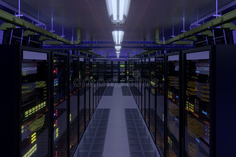 Working data center interior. Concept of hosting, computer cluster, supercomputer, virtual servers, digital cloud or mining crypto currency farm.