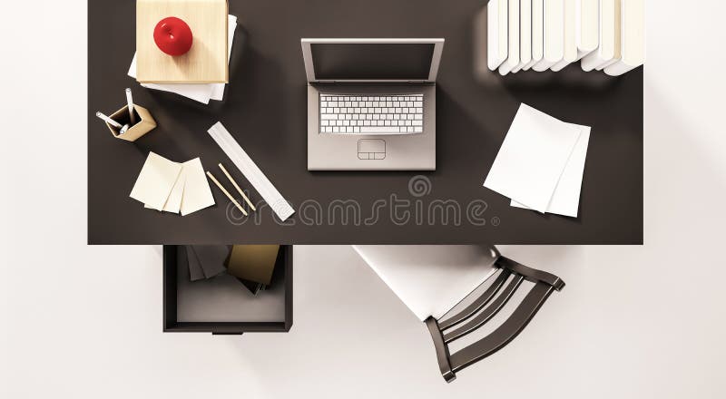 Working desk space, top view, with computer laptop, paper work, books, chair, opened drawer, apple and etc., 3d rendered