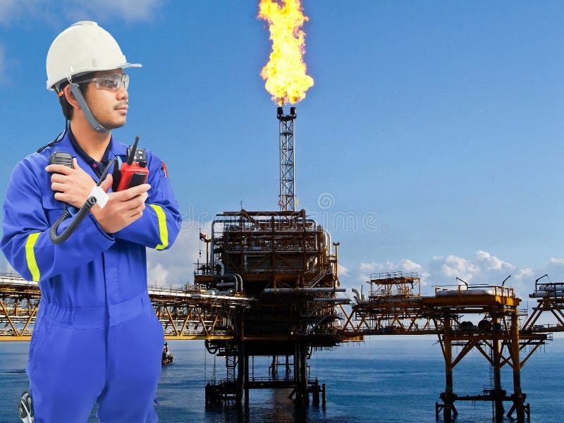 Working Engineer at Offshore Oil and Gas Refinery Stock Image Image