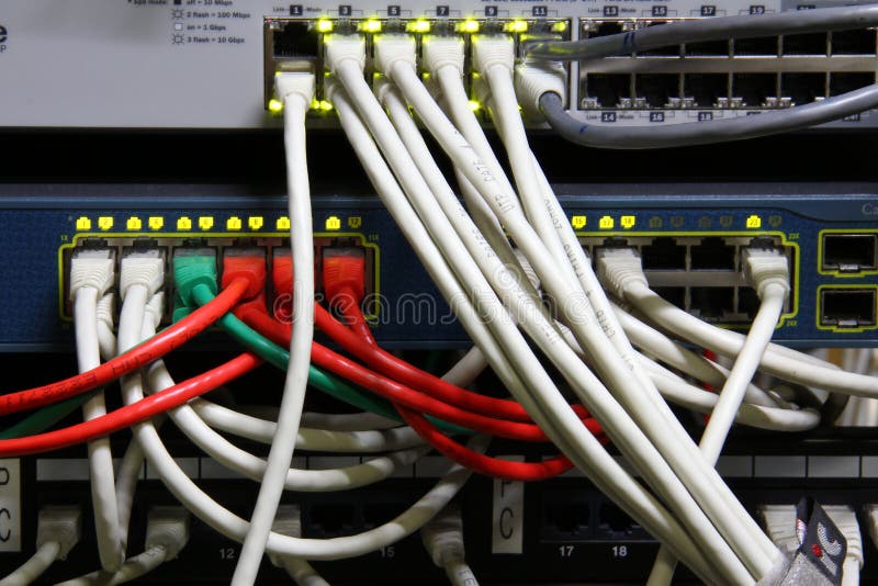 Working Ethernet switch and computer stock photo