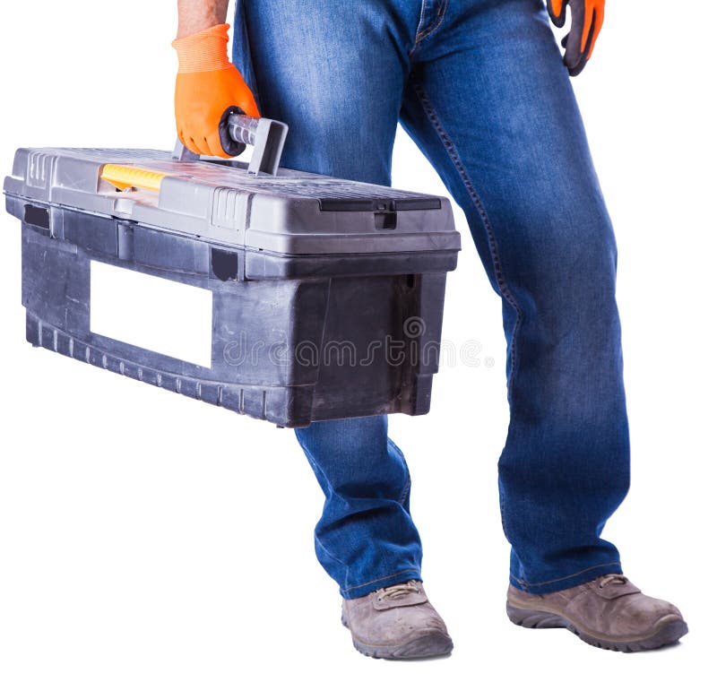 Working in Hands Holds a Box with Tools Stock Image - Image of ...