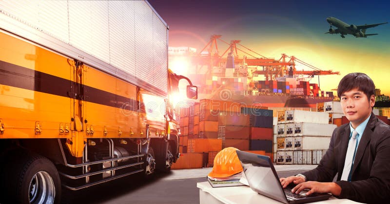 Working man and container truck in shipping port ,container dock royalty free stock image Working man and container truck in shipping port ,container dock royalty free stock image