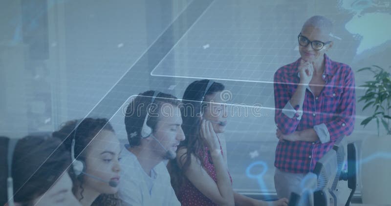 Working in modern office, customer service team using animation digital interface stock video footage