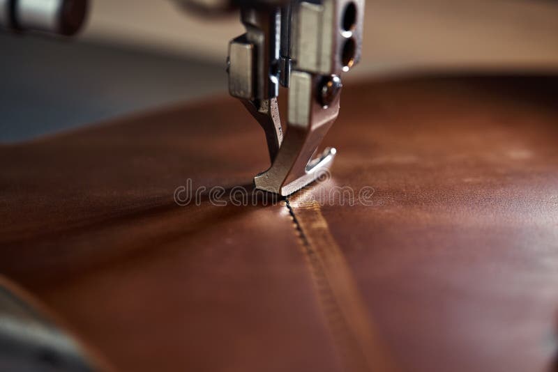 Working Process of Leather Craftsman. Tanner or Skinner Sews Leather on