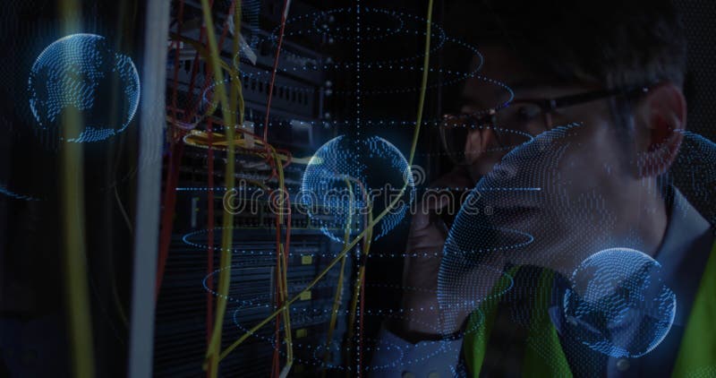 Working on server, technician with digital globe and animation data visualization vector illustration