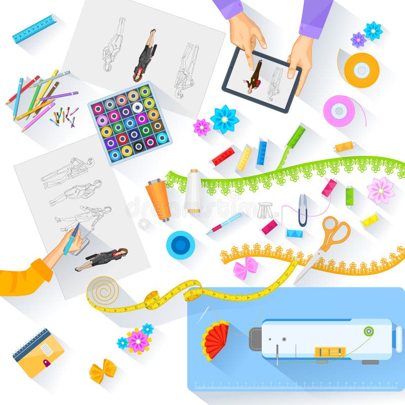 Working table of fashion designer stock illustration