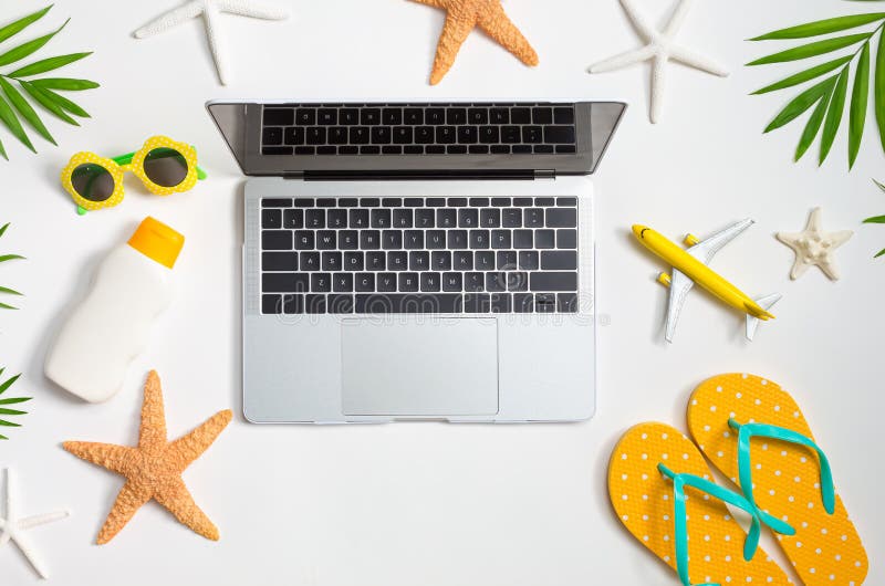 Working Vacation Them with Laptop and Beach Items Stock Image Image