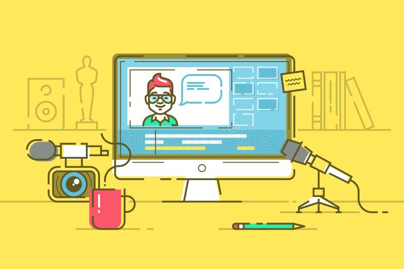 Workplace of blogger or video editor with monitor and interface of app for video editing process. Vector. vector illustration