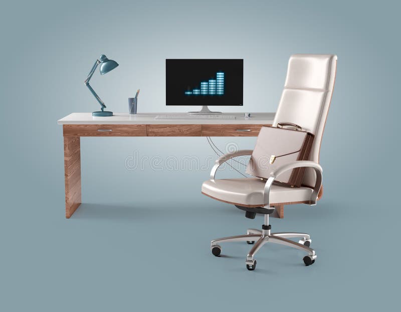 Workplace businessman with chair, computer, table lamp and brief vector illustration