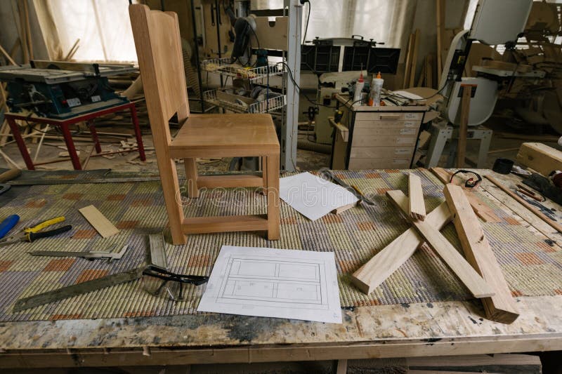 Workplace in a carpentry workshop stock photo