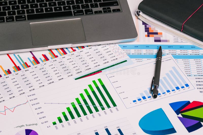 Workplace with a computer and analytical charts, diagrams. Accountant`s calculations, audit and data analysis. Business, Finance stock images