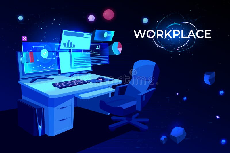 Workplace with computer table Pc monitors armchair vector illustration