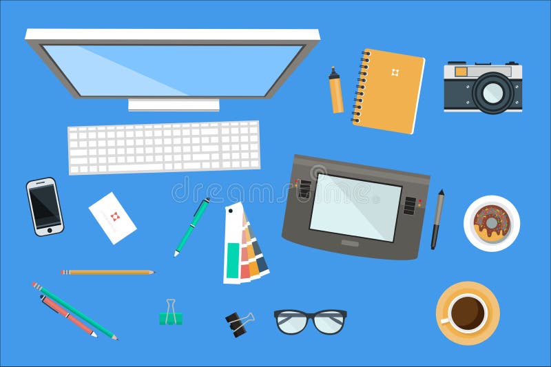 Workplace of Designer, Office Equipment, Mobile Devices and Work Tools  Vector Illustration in Flat Style Stock Vector - Illustration of glasses,  equipment: 115076112