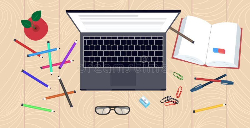 Workplace desk top angle view laptop book and office supplies knowledge education learning concept flat horizontal vector illustration