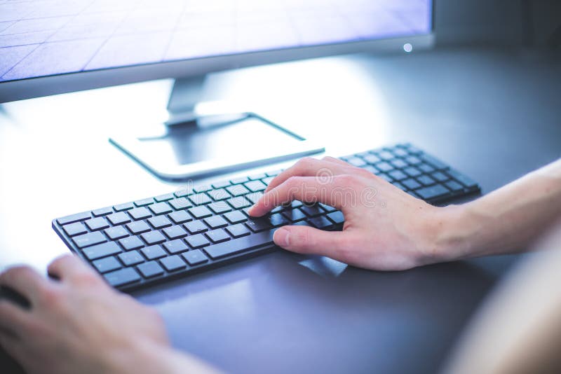 Workplace of a Freelancer with Computer, Keyboard and Typing Hands Stock  Photo - Image of creative, designer: 142076246