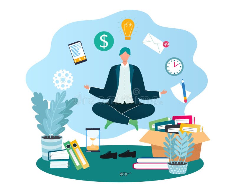 Workplace man in office with business paper work, pile folders, files, vector illustration. Workplace chaos, disorder vector illustration