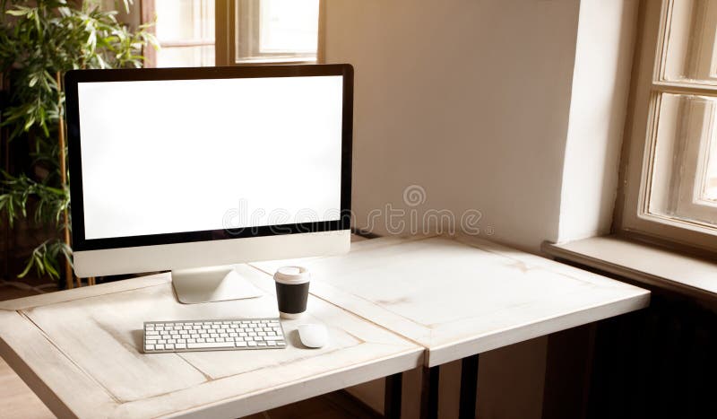 Workplace with modern computer on the desk stock photo