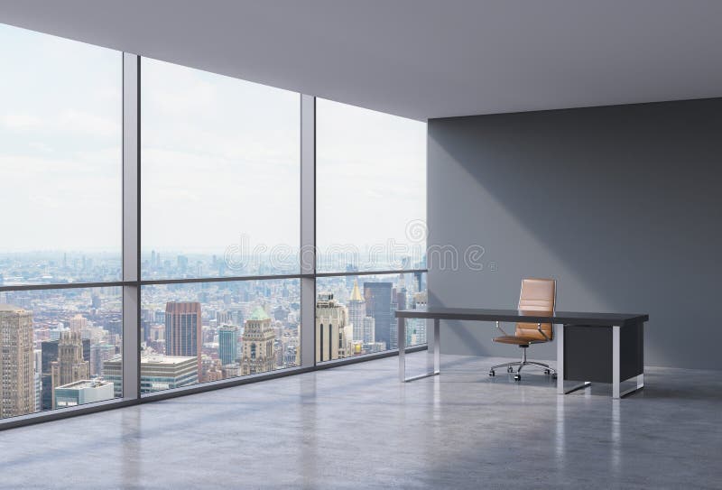 A workplace in a modern corner panoramic office in New York, Manhattan. A brown leather chair and a black table.