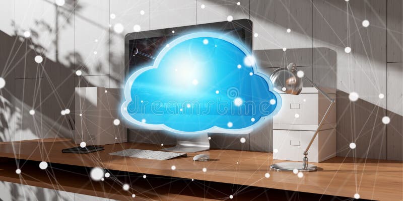 Workplace with modern hologram cloud icon 3D rendering royalty free illustration Workplace with modern hologram cloud icon 3D rendering royalty free illustration