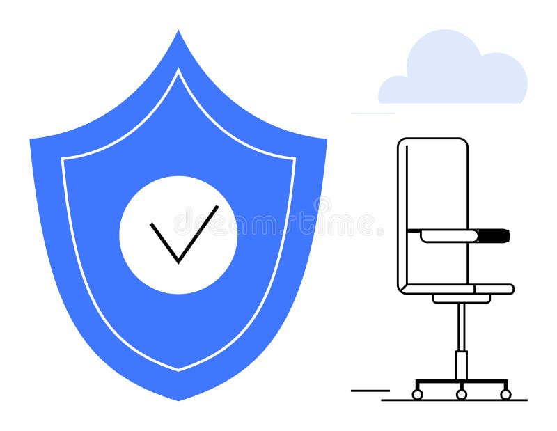 Workplace safety, cybersecurity, employee wellness, ergonomic design, work environment, digital protection. Blue shield with checkmark and office chair. Workplace safety and cybersecurity concept. Employee wellness illustrations
